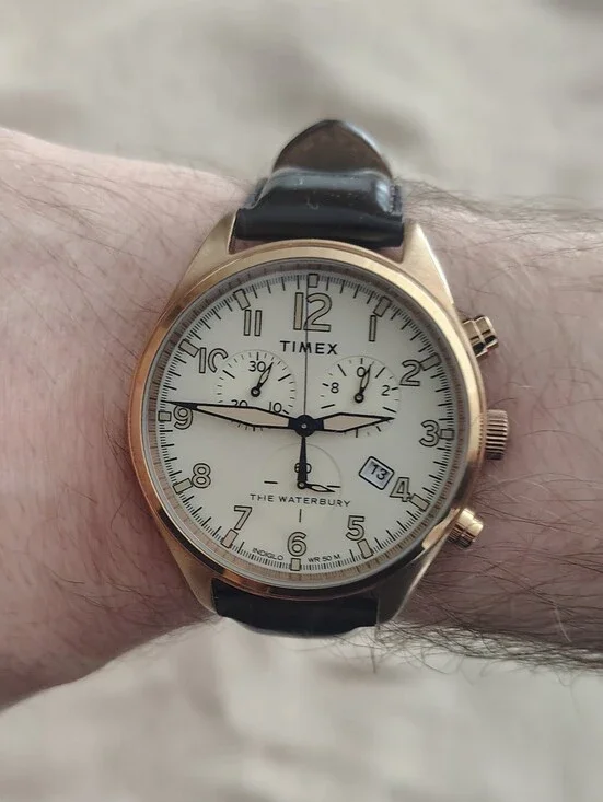 Timex Waterbury Rose Gold Tone Case with Cream Dial and Brown Leather Strap