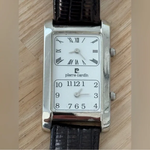 Pierre Cardin Rare Dual Dial Watch Curvex Crystal White Dial Black Leather Strap