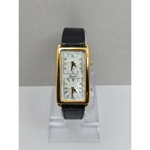 Vintage Osirock Dual Time 26mm Gold Tone Tank Watch Black Leather New Battery