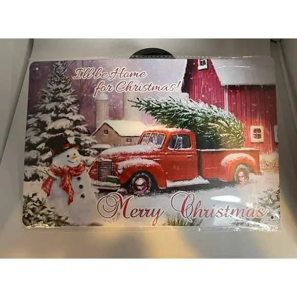 NWT‎ I'll Be Home For Christmas Merry Christmas Red Truck Sign Tin Wall Decor