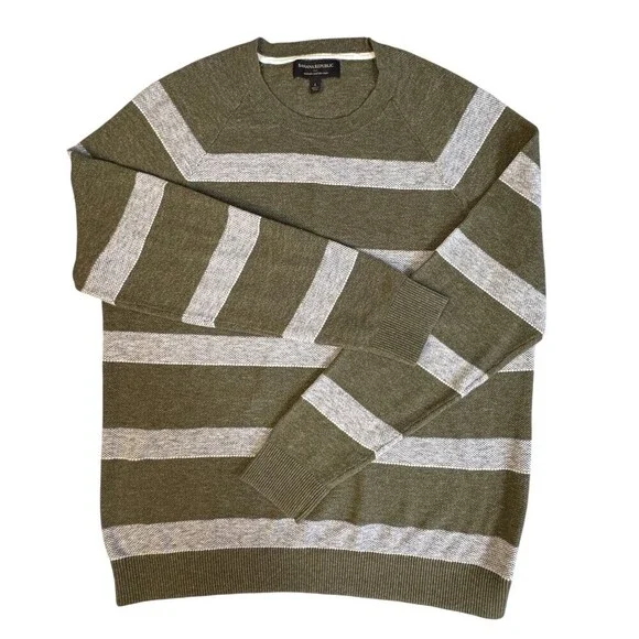 Banana Republic Cotton Sweater Mens Size L Olive Green Gray Striped Crewneck