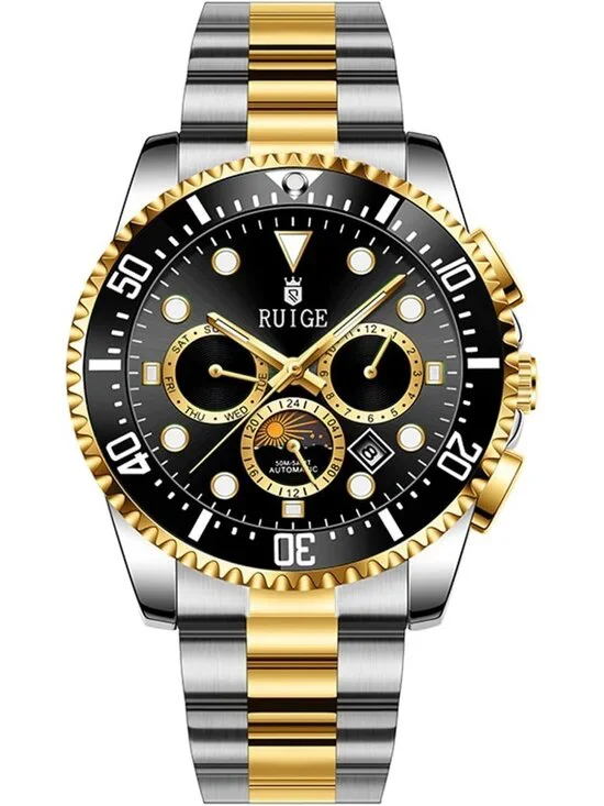 Men's Black Two-Tone Gold Steel Mechanical Waterproof Luminous Wrist Watch