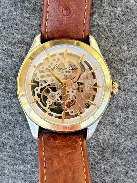 Men's Skeleton Automatic Watch, Steel/Gold Exhibition Case, Ostrich Band
