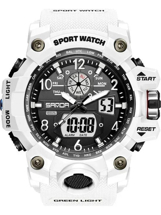 Men's All White Analog Quartz Sports Waterproof Military LED Digital Wrist Watch
