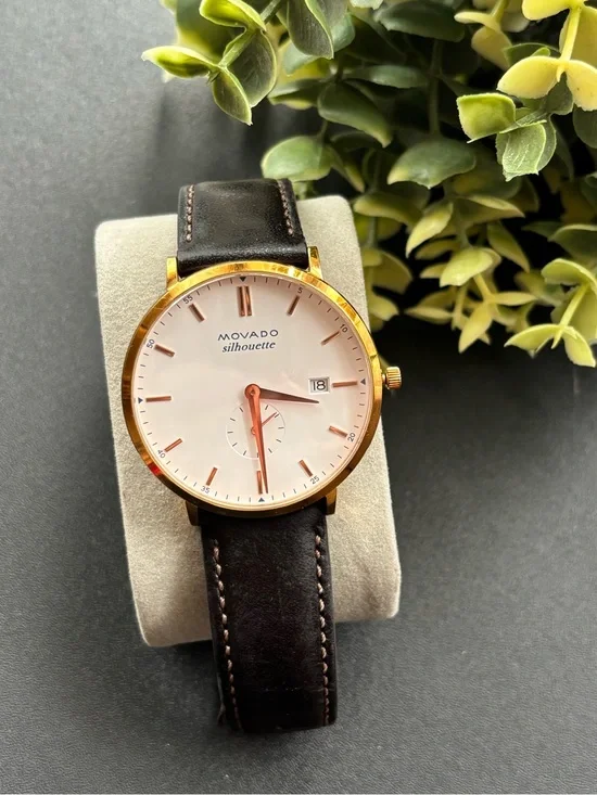 Movado Silhouette Men's Rose Gold Case White Dial Brow Leather Watch