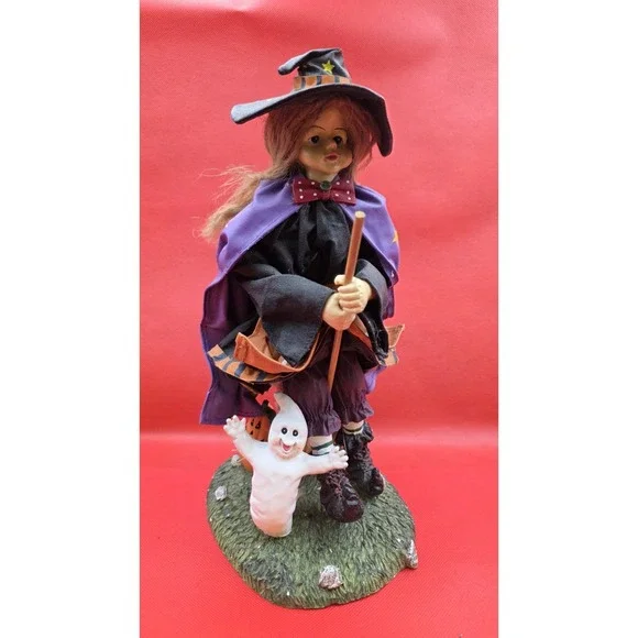 Vtg‎ Halloween Witch Ghost Pumpkin Jack-o'-lantern Figurine Resin & Paper-mâché