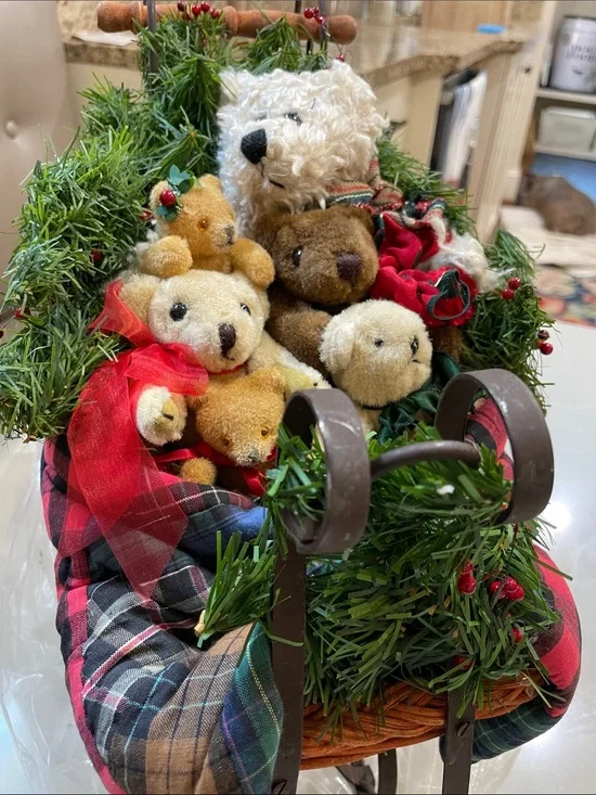 Holiday Plush Bear Sleigh Décor - Cream, Brown, Tan, Green, Red
