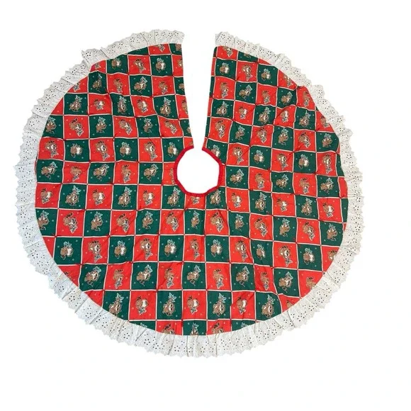 Vintage Christmas Tree Skirt Quilted Round Ruffle Reversible Country Patchwork