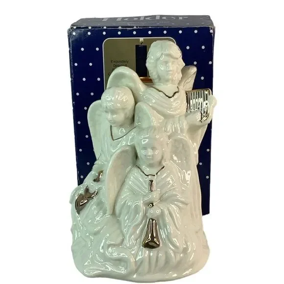 Angel Trio Ceramic Candle Holder White/Gold Christmas Home Decore 6”