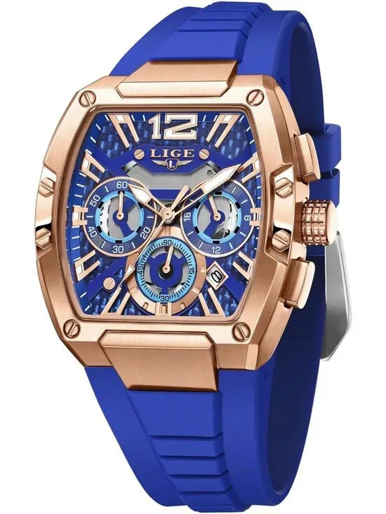 Men's Blue and Bright Copper Square Chronograph Stainless Steel Quartz Watch