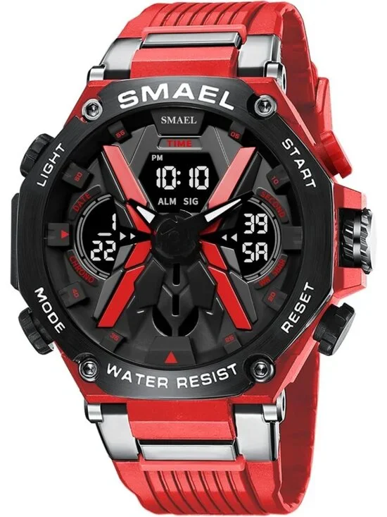 Men's All Red Analog Quartz Sports Waterproof Military Alarm LED Digital Watch