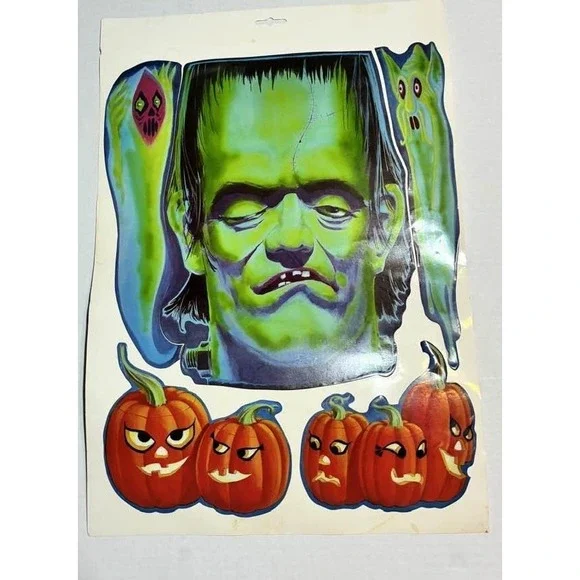 Halloween Window Clings Multicolor Frankenstein Pumpkins Vintage Vinyl Decor