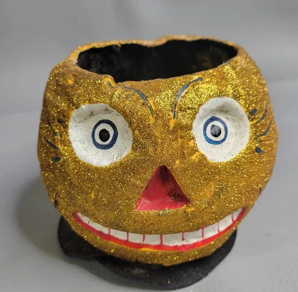Dept. 56 Halloween Paper Mache Jack-O-Lantern Pumpkin Glitter Candy Bucket Pail