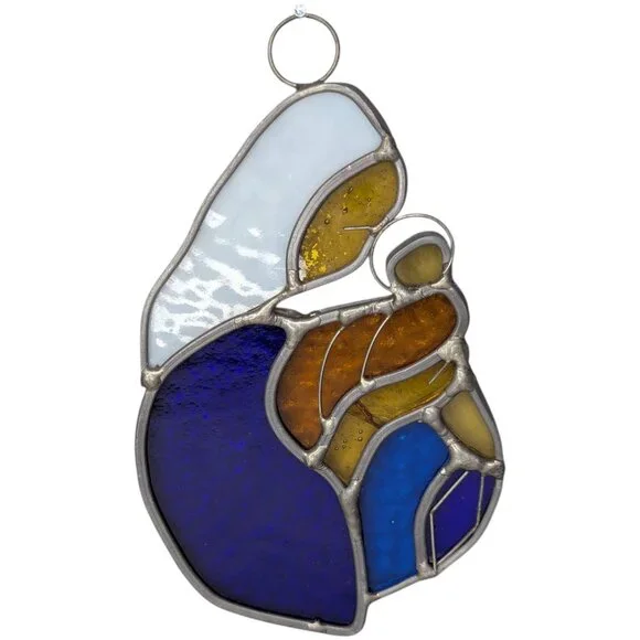 Vintage Leaded Stained Art Glass Virgin Mary & Baby Jesus w/Hanger 6