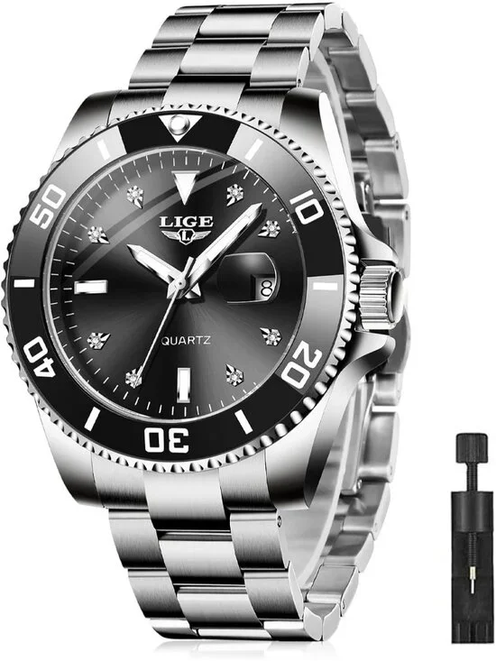 Men's Silver Black Quartz Analog Stainless Steel Waterproof Date Wrist Watch