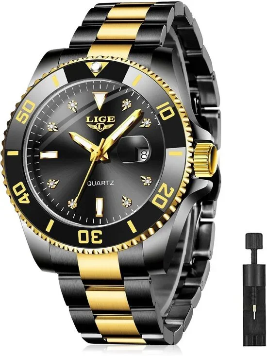 Men's Gold Black Quartz Analog Stainless Steel Waterproof Date Casual Wristwatch