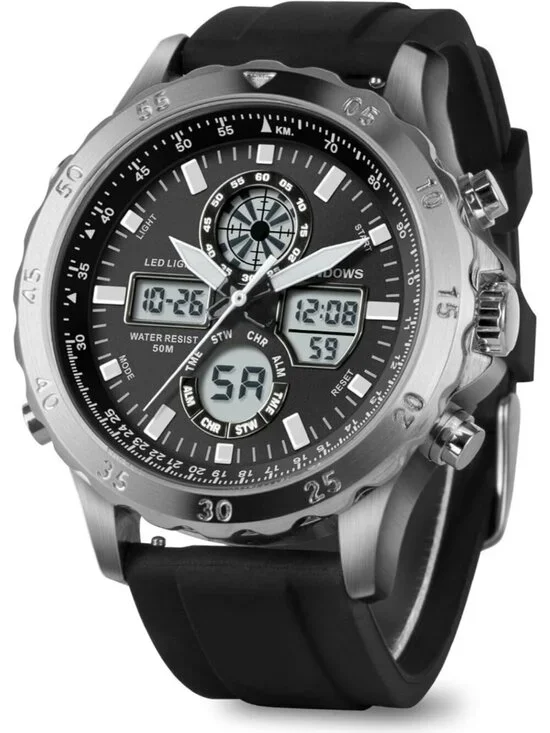 Men's Silver Analog Quartz Waterproof Military Multifunctional LED Digital Watch