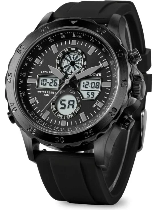 Men's All Black Analog Quartz Waterproof Military Multifunctional Digital Watch