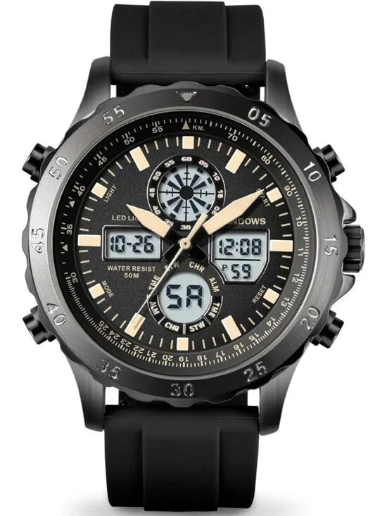 Men's Black Analog Quartz Waterproof Military Multifunctional LED Digital Watch