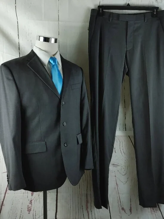 Banana Republic Modern 42S Wool 3 Button Charcoal Gray 2pc Suit 34x36 Flat Front