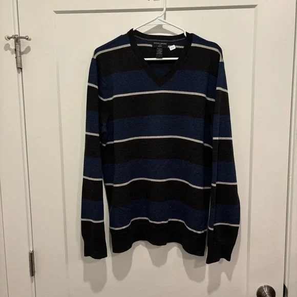 Banana Republic Mens Merino Wool V-Neck Striped Sweater‎ Navy Blue Black L