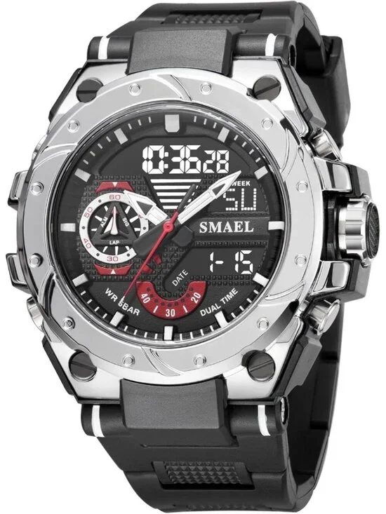 Mens Black And Silver Analog Quartz Sport Waterproof Military LED Digital Watch