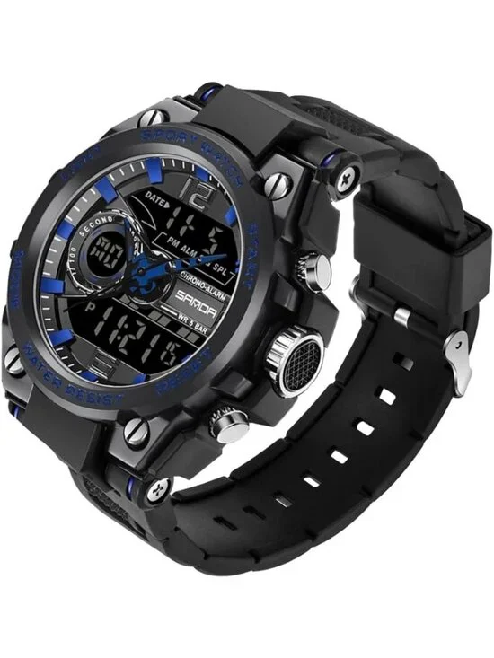 Men's Blue And Black Analog Quartz Sports Waterproof Military LED Digital Watch