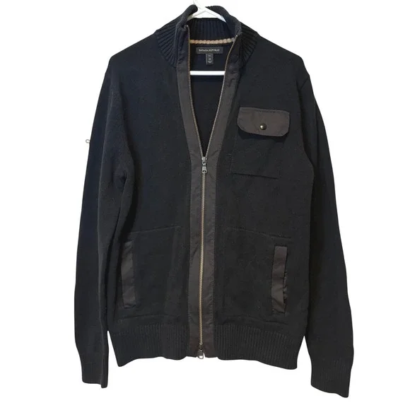Banana Republic Mens Black Full Zip Knit Sweater Jacket Utility Pockets M Tall‎