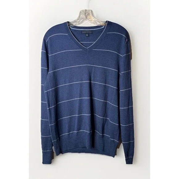 Banana Republic Blue Striped V-Neck Silk Cashmere Nylon Sweater Mens Size Medium