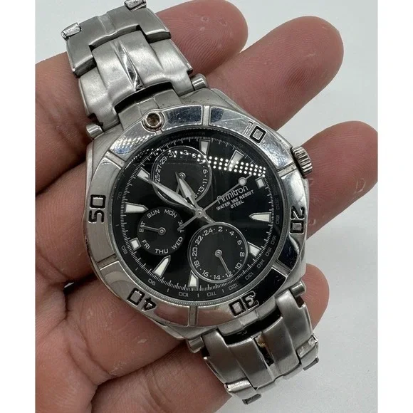 Armitron Mens Watch 20/4224SV Black Dial Stainless Steel Multi Function 165FT