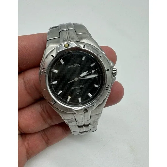Bulova Marine Star 96B21 Mens Watch Black Carbon Fiber Dial Stainless needs bat