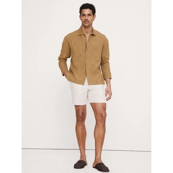 Banana Republic Relaxed Embroidered Linen Shirt Brown Medium New With Tags