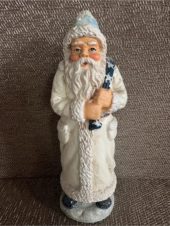 RAZ Imports White Father Christmas Santa Claus Figurine Blue Sack  Folk Art 7.5”