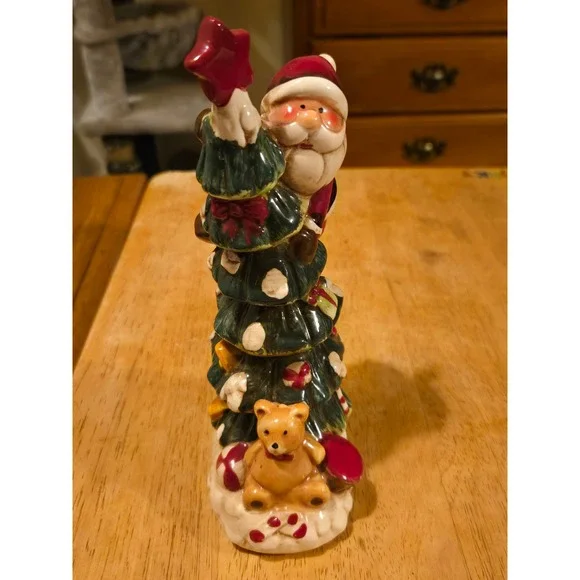 Ceramic Santa Climbing‎ Christmas Tree Figurine Holiday Decor Teddy Bear Star