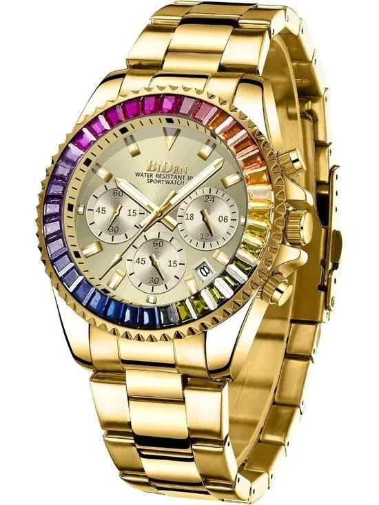 Men's Gold Luxury Stainless Steel Analog Chronograph Waterproof Classic Watch
