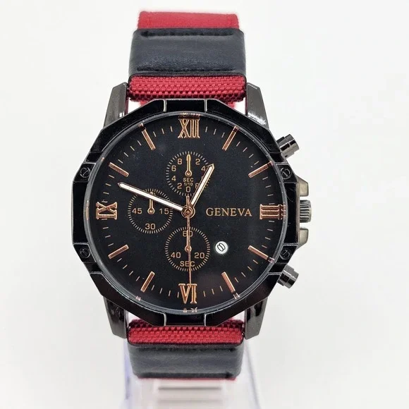 Men's Watch 42MM Black Dial Date Black Red Canvas Band‎ Straps New Battery