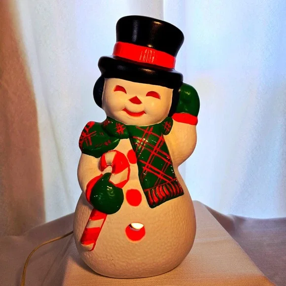 Vintage Christmas Snowman  Ceramic Tabletop Light Candy Cane Top Hat 13‎ Inch