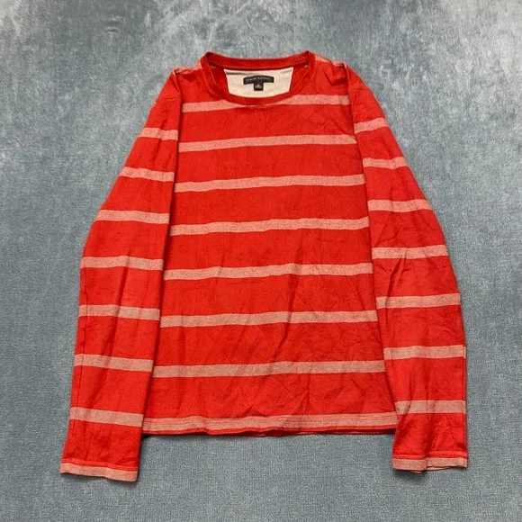 Banana Republic Sweater Mens Medium Red Gray Striped Cotton Crewneck Long Sleeve