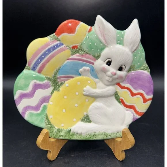 VTG Fitz & Floyd Colorful Ceramic GATHERING‎ EGGS Bunny Rabbit 9” Plate Dish