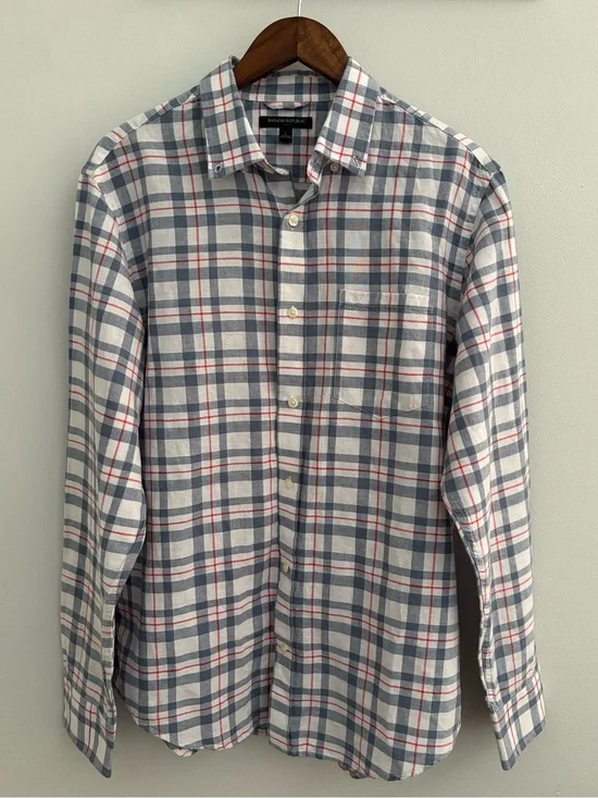 Banana Republic Linen Blend Men's Blue, White,Red Plaid Button-Down Shirt Size L
