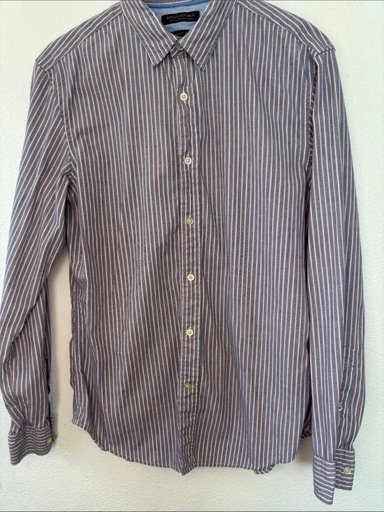 Banana Republic Men’s Red Blue and White Narrow Stripe Dress Shirt -698sku