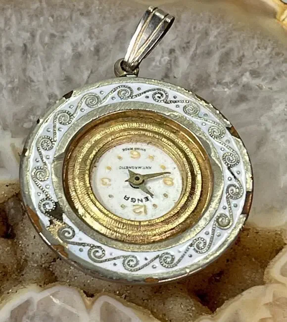 Vintage Ienga Swiss Made Pendant Watch White Enamel Gold Tone 15.7g