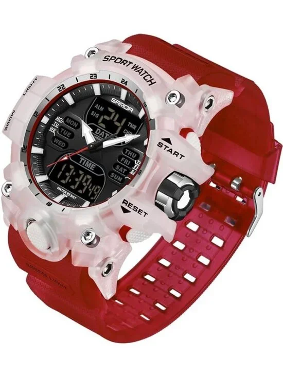 Men's Red Analog Quartz S-Shock Waterproof Outdoor Sports LED Digital Stop Watch