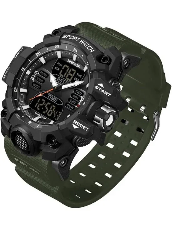 Men's Army Green Black Analog Quartz S-Shock Waterproof Sports LED Digital Watch