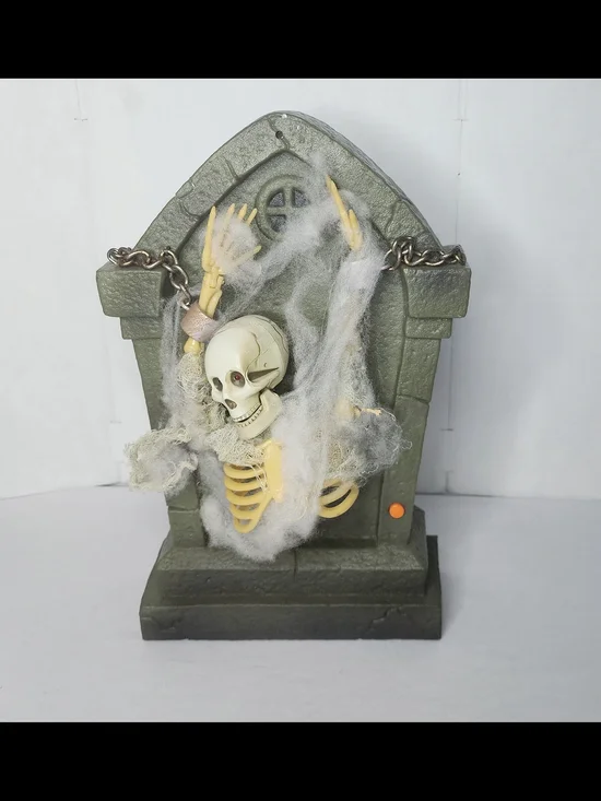 Halloween Animated Tombstone Skeleton Motion Light Sound Prop Chained Web