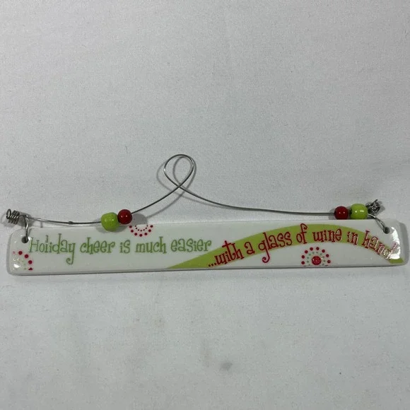 Holiday Cheer Wine Hand‎ Ceramic Ornament Red Green Beads Metal Hanger 8x1