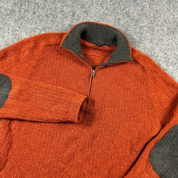 Banana Republic Sweater Mens XL Orange Lambswool Cashmere 1/4 Zip Elbow Patches‎