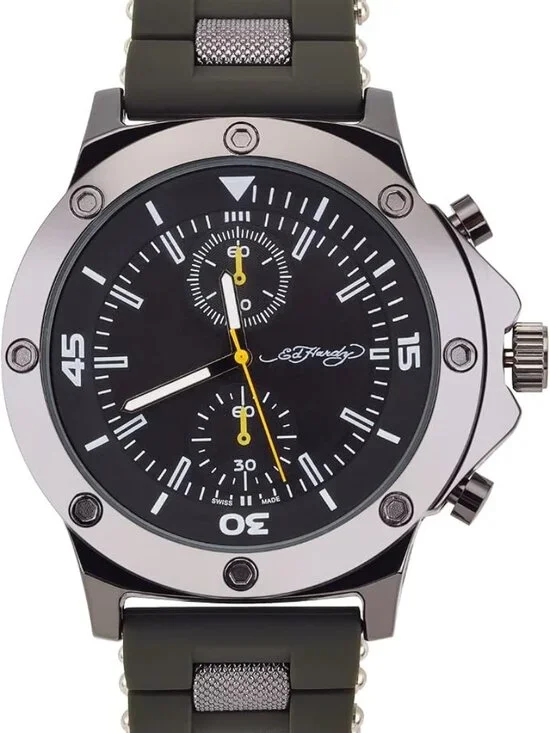 Ed Hardy Men's Gunmetal Watch Black Dial Green Silicone Strap Chronograph