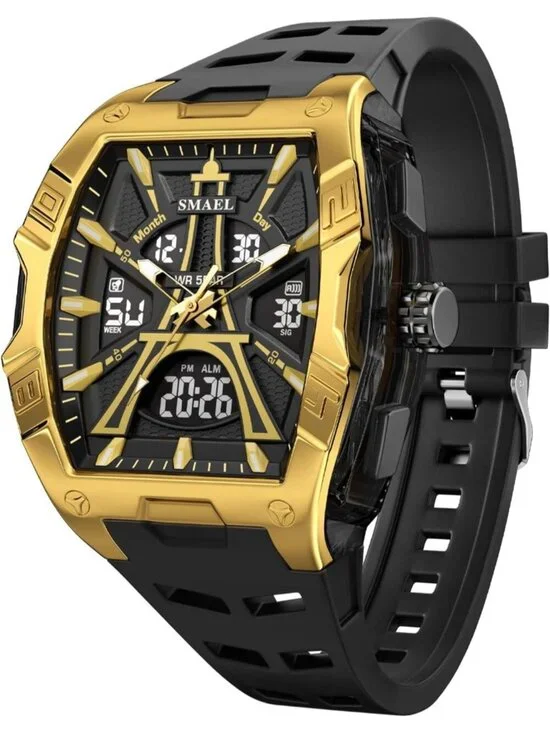 Mens Black Gold Analog Quartz Waterproof Sports Classic Square LED Digital Watch