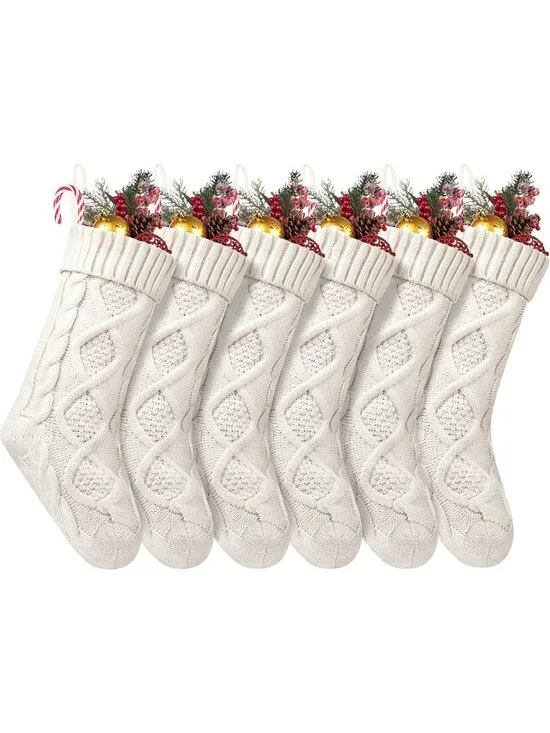 Set of 6 Large Cable Knit Christmas Stockings - 18 Inch Ivory White Holiday